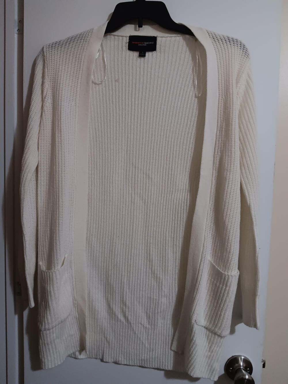 Ambiance Ivory Open-Front Ribbed Cardigan with Pockets